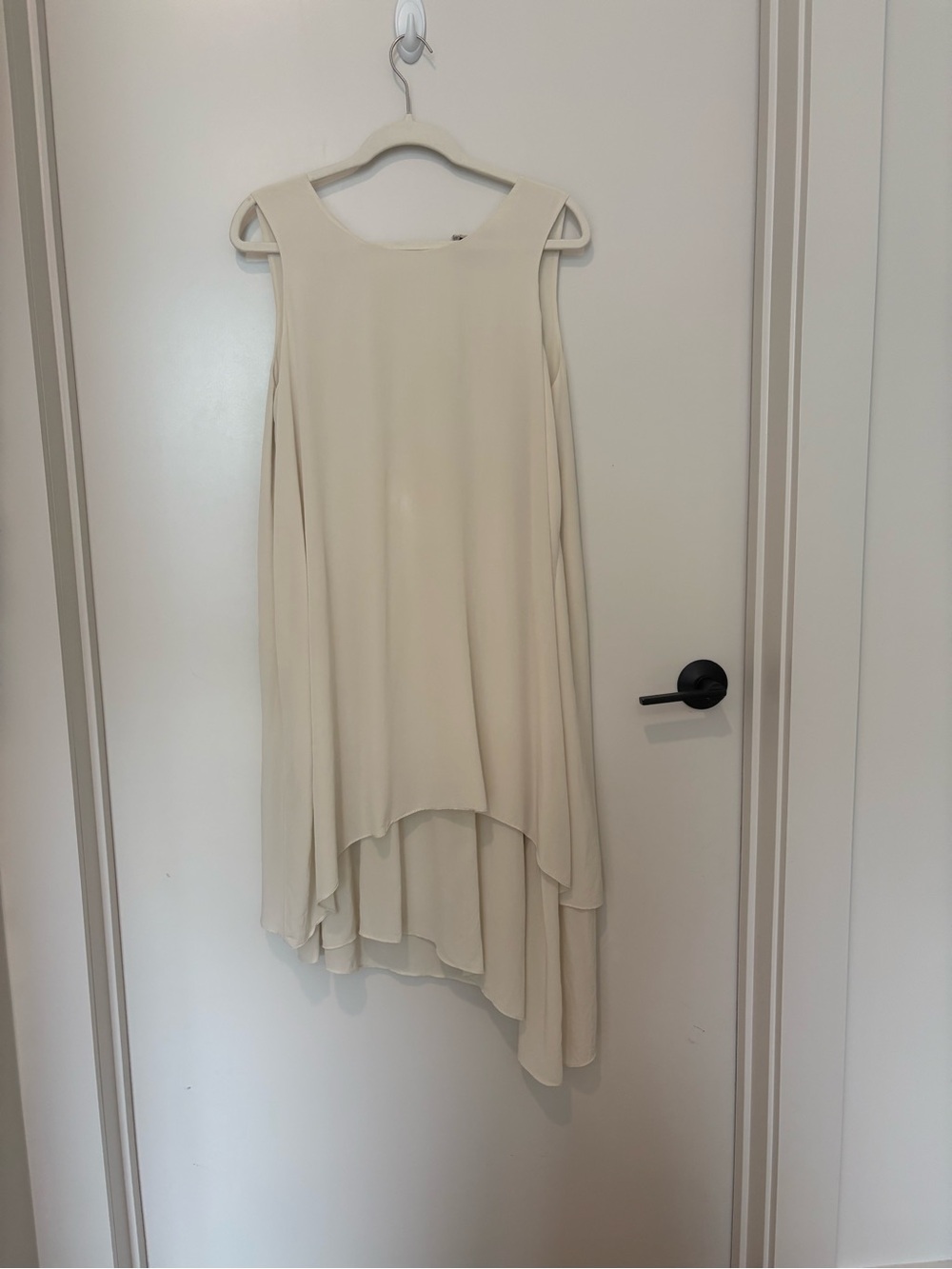 Eileen Fisher Georgette Silk Asymmetrical Sleeveless Dress in Bone Cream Modest